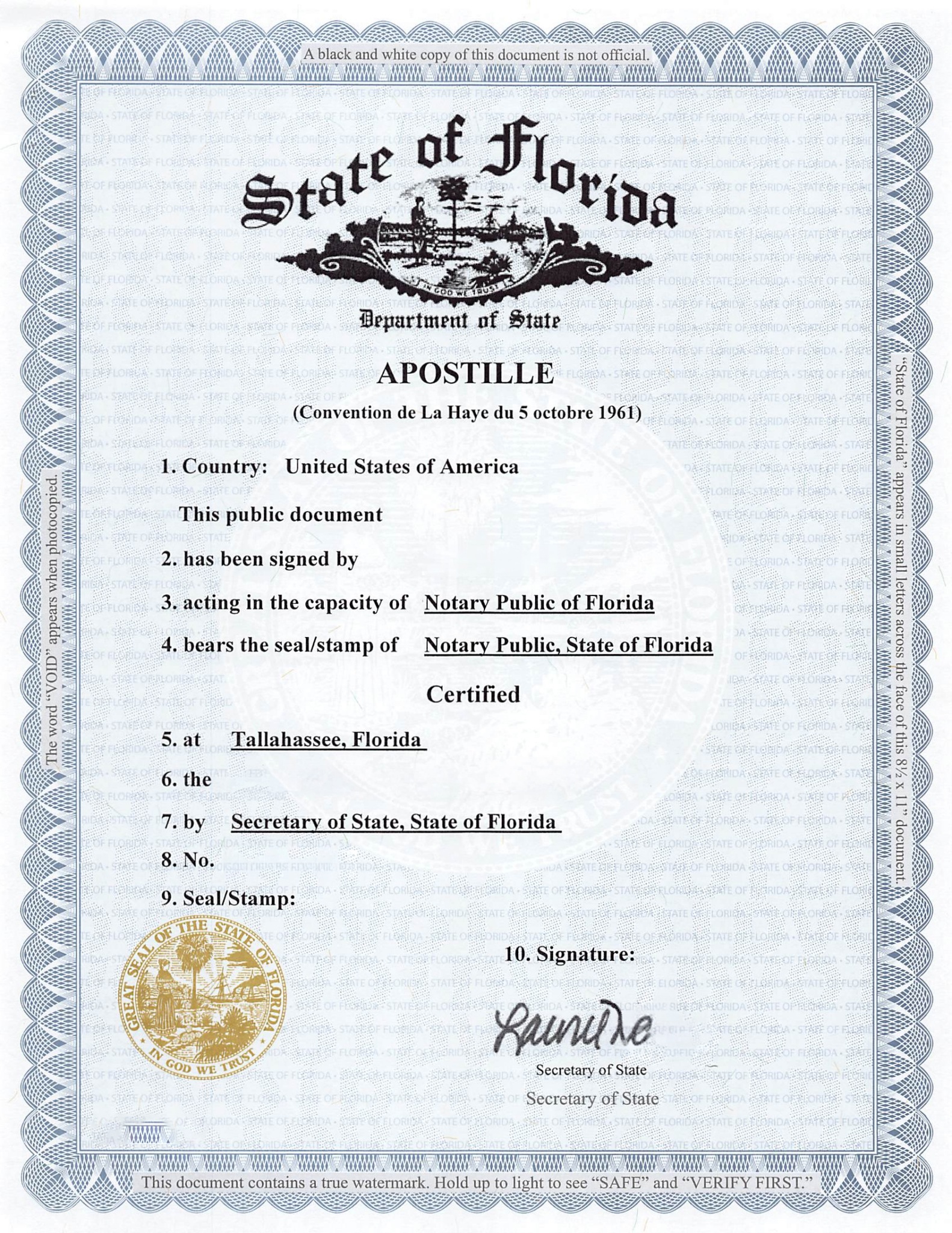 Certificado de apostilla oficial del Departamento de Estado de Florida